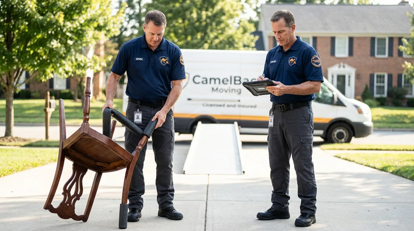 Movers inspecting furniture for damage prevention before loading in Citronelle, AL